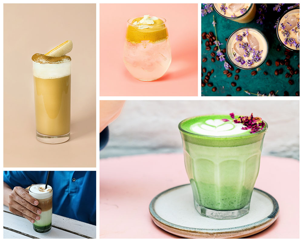 Tiramisu latte, dalgona cloud coffee with coconut water, lavender iced latte, pistachio iced latte, rose matcha